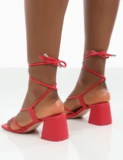 Public Desire Aloha Lace Up Block Mid Heeled Sandals Red Store