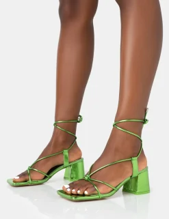 Public Desire Aloha Metallic Lace Up Block Mid Heeled Sandals Green Clearance