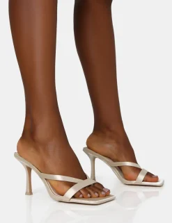 Public Desire Arwen Off Satin Toe Post Mule Mid Stiletto Heels White Shop