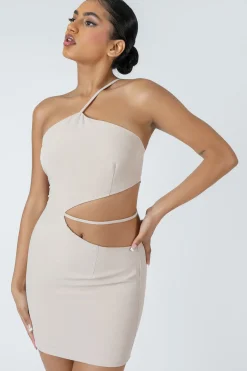 Public Desire Asymmetric Cutout Waist Strappy Mini Dress Nude Clearance