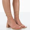 Public Desire Babeass Pu Sqaure Toe Lace Up Block Mid Heeled Sandals Nude Shop