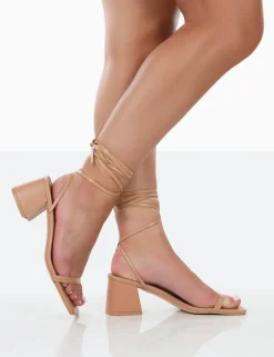 Public Desire Babeass Pu Sqaure Toe Lace Up Block Mid Heeled Sandals Nude Shop