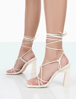 Public Desire Beauty Pu Square Toe Lace Up Block Mid Heeled Sandals Ecru Outlet