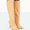 Public Desire Best Believe Croc Pointed Toe Stiletto Heeled Knee High Boots Caramel Best Sale