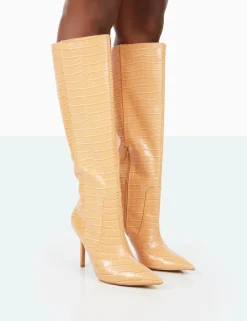 Public Desire Best Believe Croc Pointed Toe Stiletto Heeled Knee High Boots Caramel Best Sale