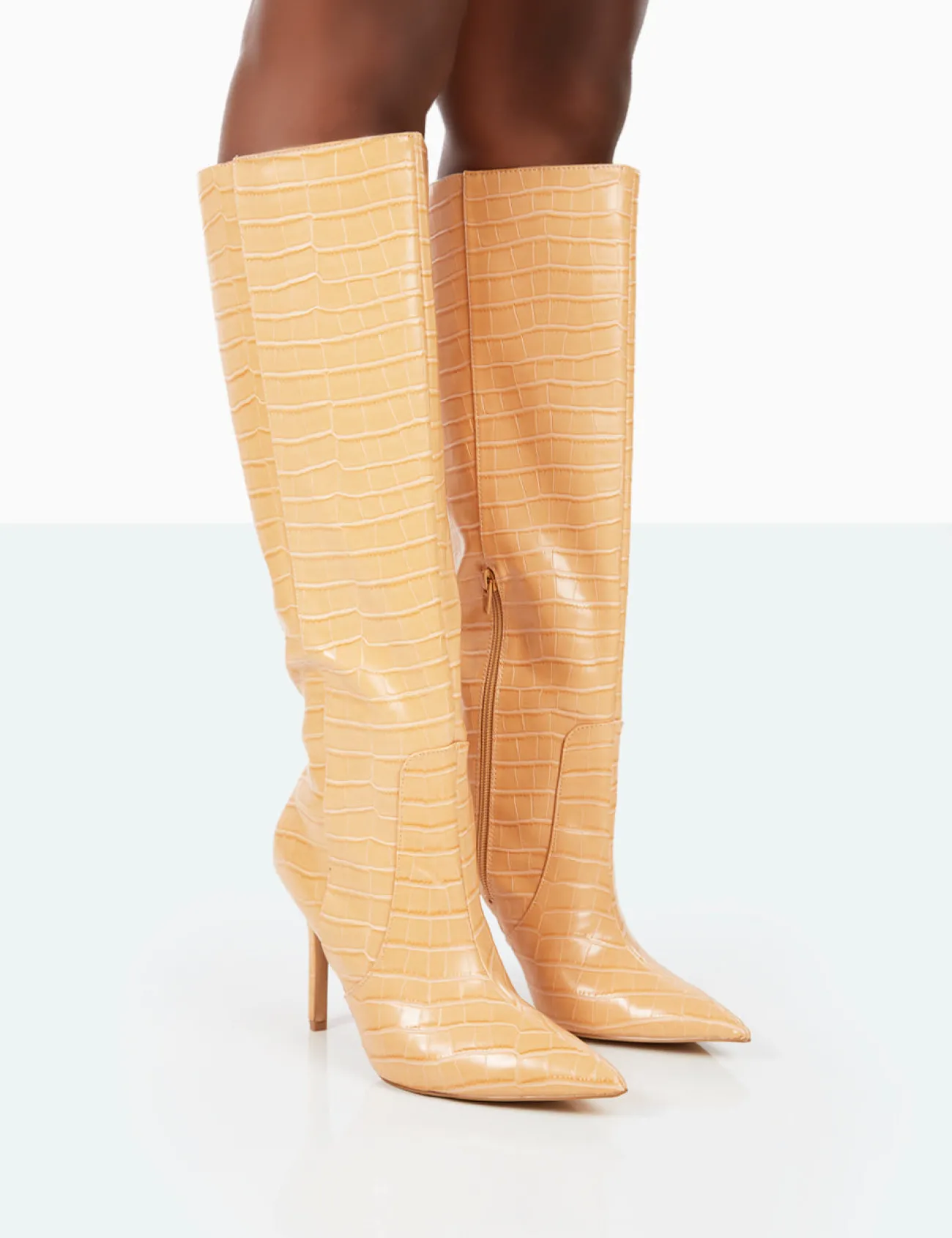 Public Desire Best Believe Croc Pointed Toe Stiletto Heeled Knee High Boots Caramel Best Sale