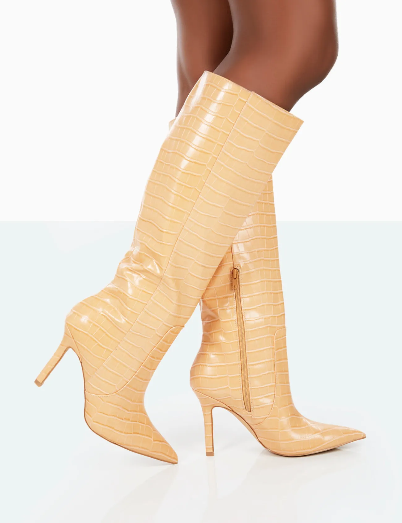 Public Desire Best Believe Croc Pointed Toe Stiletto Heeled Knee High Boots Caramel Best Sale