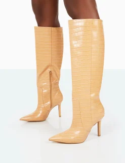 Public Desire Best Believe Croc Pointed Toe Stiletto Heeled Knee High Boots Caramel Best Sale