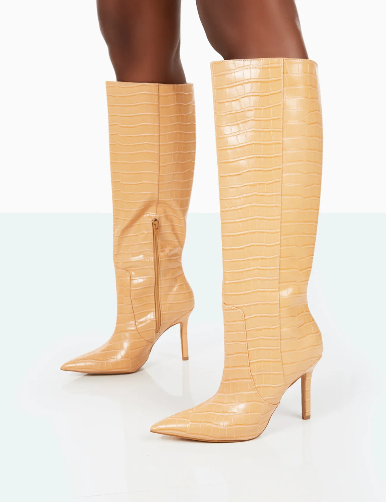 Public Desire Best Believe Croc Pointed Toe Stiletto Heeled Knee High Boots Caramel Best Sale