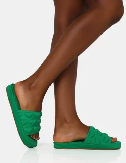 Public Desire Bestie Nylon Embossed Heart Slider Sandals Green Outlet