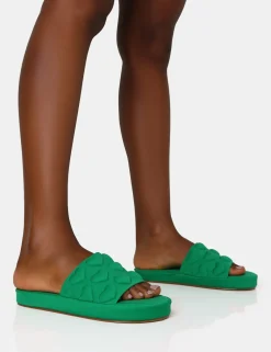 Public Desire Bestie Nylon Embossed Heart Slider Sandals Green Outlet