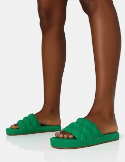 Public Desire Bestie Nylon Embossed Heart Slider Sandals Green Outlet