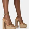 Public Desire Blissful Asymmetric Strappy Square Toe Raffia Platform Block Heels Gold Fashion