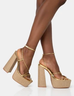 Public Desire Blissful Asymmetric Strappy Square Toe Raffia Platform Block Heels Gold Fashion