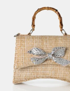 Public Desire Bow Natural Raffia Bamboo Handle Diamante Bow Grab Bag Nude Cheap