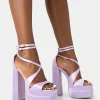 Public Desire Breanna Satin Strappy Ankle Extreme Double Platform Block Heels Lilac New