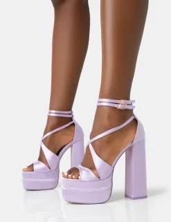 Public Desire Breanna Satin Strappy Ankle Extreme Double Platform Block Heels Lilac New