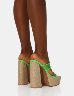 Public Desire Carley Neon Perspex Mule Square Toe Platform Raffia Block Heels Lime Clearance