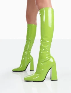 Public Desire Caryn Patent Knee High Block Heeled Boots Lime Flash Sale