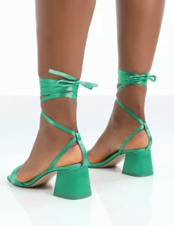 Public Desire Caught Out Satin Square Open Toe Lace Up Block Heeled Sandals Green Shop