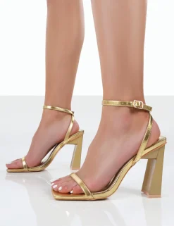 Public Desire Charlotte Wide Fit Patent Square Toe Heels Gold Clearance