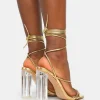 Public Desire Clara Metallic Pu Strappy Lace Up Round Toe Clear Perspex Heels Gold Cheap