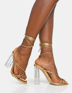 Public Desire Clara Metallic Pu Strappy Lace Up Round Toe Clear Perspex Heels Gold Cheap