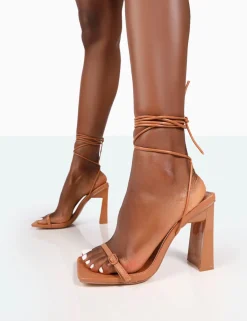 Public Desire Cleo Nude Pu Square Toe Strappy Lace Up Block Heels Caramel Sale
