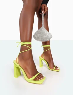 Public Desire Cleo Pu Square Toe Strappy Lace Up Block Heels Lime Best Sale