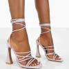 Public Desire Corrbin Croc Patent Pu Strappy Lace Up Flared Heels Lilac Flash Sale