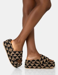 Public Desire Cowrie Geometric Print Platform Slider Sandal Tan Cheap