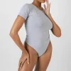 Public Desire Crew Neck Cap Sleeve Tshirt Bodysuit Grey Marl Cheap
