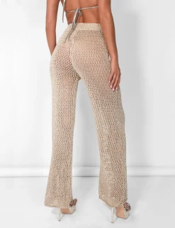 Public Desire Crochet Beach Trousers High Waisted Wide Leg Metallic Thread Gold Fashion