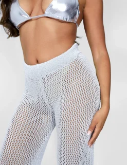 Public Desire Crochet Beach Trousers High Waisted Wide Leg Metallic Thread Light Grey Silver Fashion