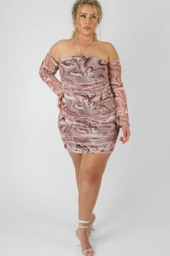 Public Desire Curve Printed Mesh Ruched Bardot Dress Brown Best Sale