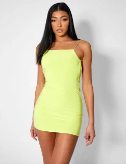 Public Desire Diamante Extreme Strap Slinky Mini Dress Lime Clearance