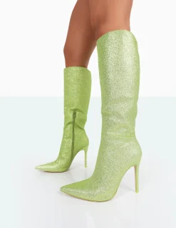 Public Desire Diva Glitter Pointed Toe Stiletto Knee High Boots Lime Sale