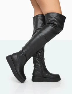 Public Desire Erica Black Pu Chunky Platform Over The Knee Boots Bone Outlet