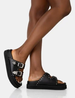 Public Desire Frontier Pu Western Style Double Strap Slider Sandals Black Flash Sale