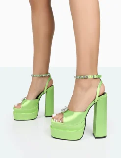 Public Desire Frozen Satin Sparkly Diamante Strap Open Toe Block Platform Heels Lime Shop