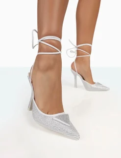 Public Desire Galaxy Sparkly Diamante Pointed Stiletto Toe Lace Up Wrap Around Heels Silver Hot