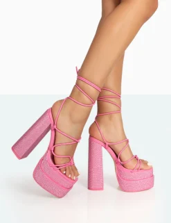 Public Desire Glow Girl Diamante Pu Lace Up Platform High Heels Pink Outlet