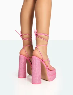 Public Desire Glow Girl Diamante Pu Lace Up Platform High Heels Pink Outlet