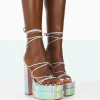Public Desire Glow Girl Holographic Pu Lace Up Platform High Heels Silver Shop