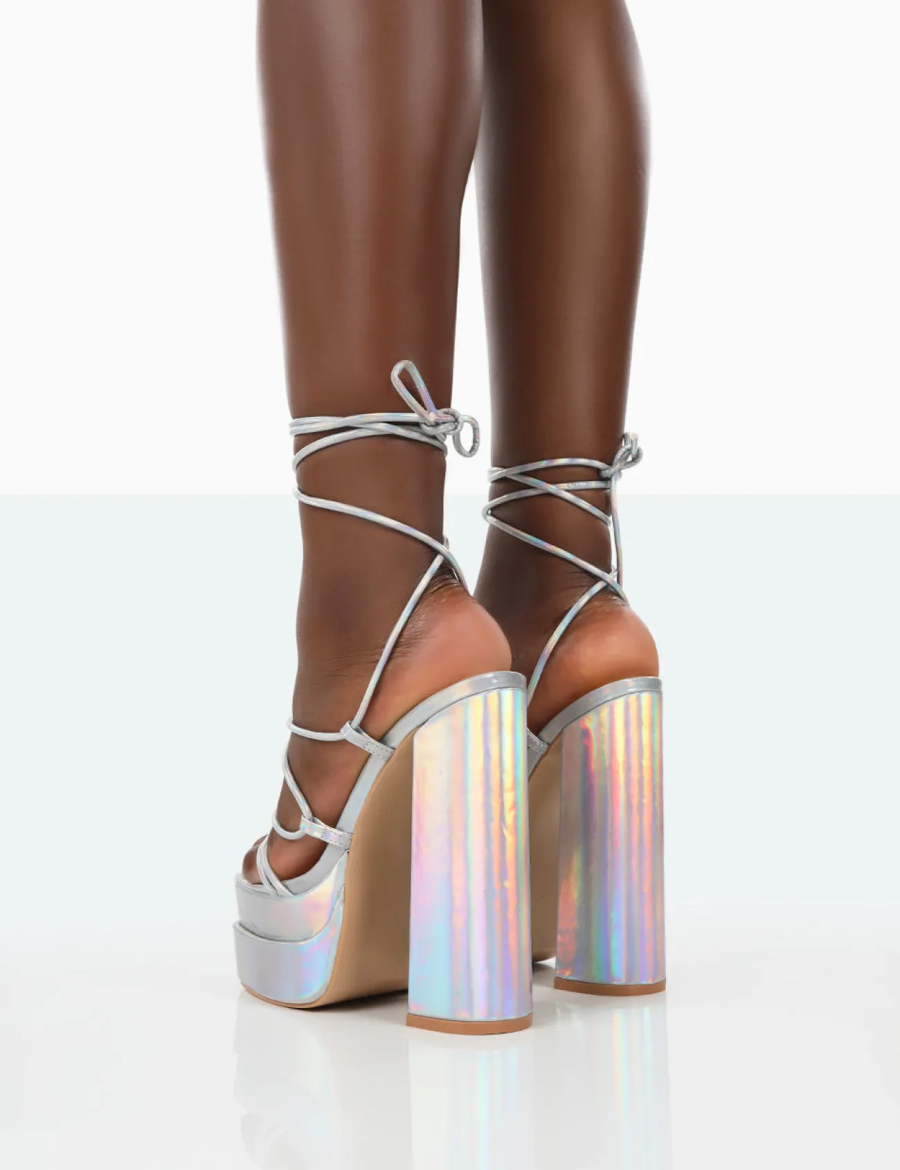 Public Desire Glow Girl Holographic Pu Lace Up Platform High Heels Silver Shop