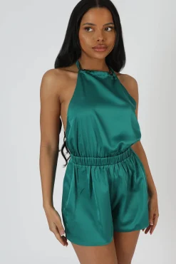 Public Desire Halterneck Satin Playsuit Emerald Outlet