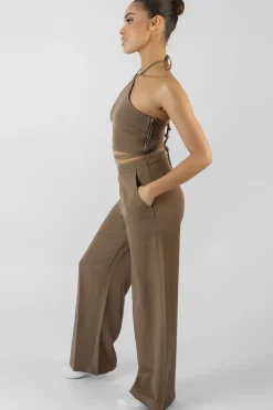Public Desire Halterneck Waist Strapping Crop Top Taupe New