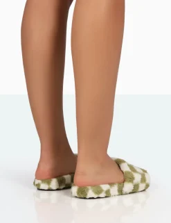 Public Desire Happy And White Checkerboard Fluffy Faux Fur Slider Slippers Green Hot