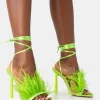 Public Desire Iconic Satin Feather Detail Square Toe High Heels Lime Cheap