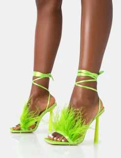 Public Desire Iconic Satin Feather Detail Square Toe High Heels Lime Cheap